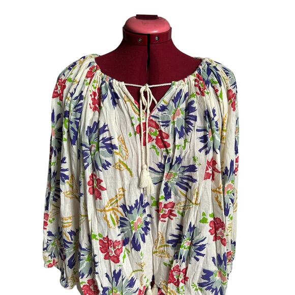 Ralph Lauren Boho Size Large Cotton Blend Safari Floral Print Gaze Tassel Blouse - Picture 5 of 6